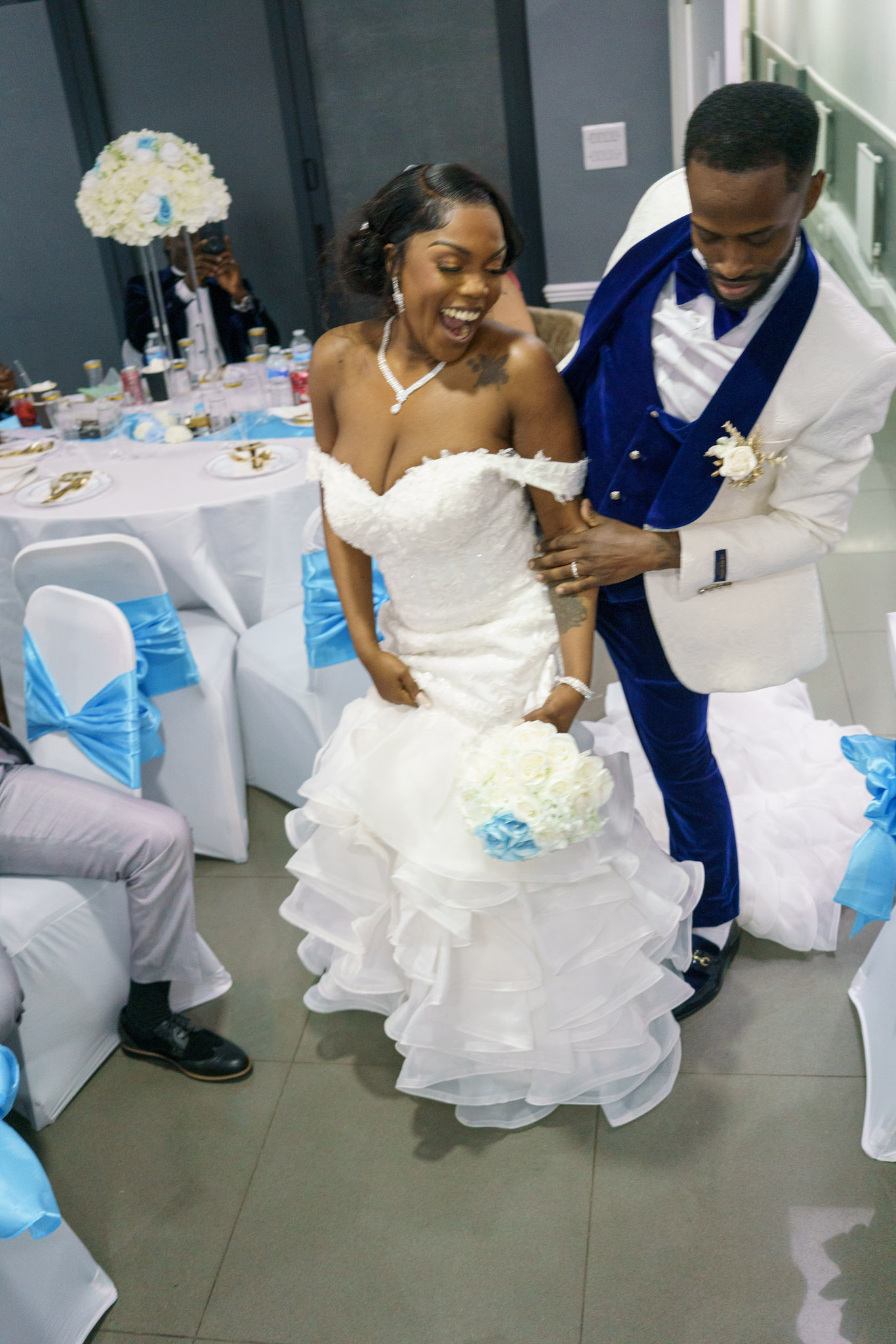 Newlyweds smiling as they walk together